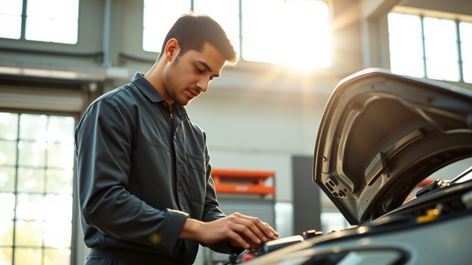 Mecânico da Souza & Santos inspecionando o motor de um carro na oficina em Belo Horizonte