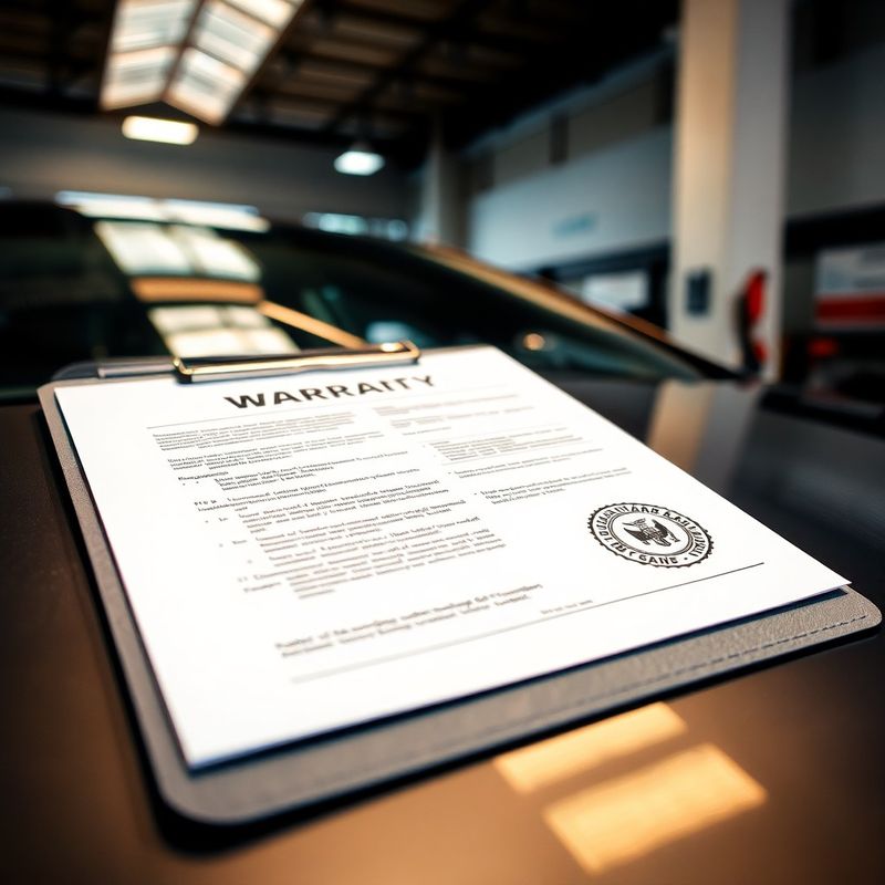Documento de garantia impresso sobre uma prancheta em cima do capô de um carro na oficina